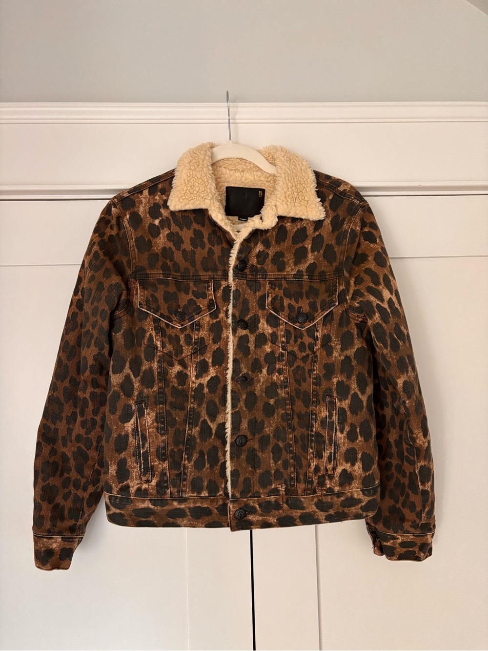 R13 leopard print Sky Tucker shearling lined jacket